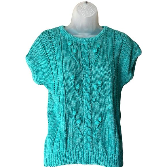 Vtg 80s KORET Turquoise Short Sleeve Pom Pom Cableknit Sweater Sz M Preppy Mom - Picture 8 of 15
